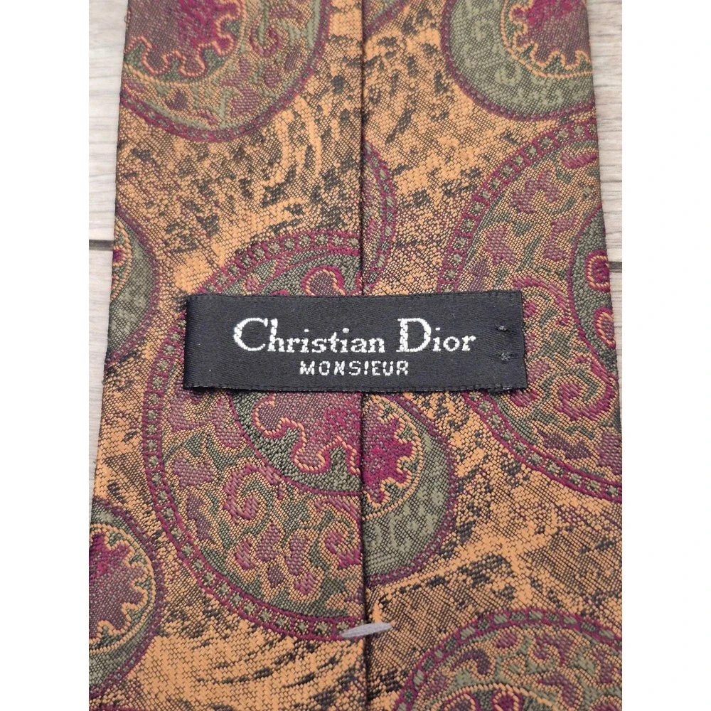Christian Dior Monsieur Vintage‎ Paisley Medallion Silk Blend Tie Gold Burgundy